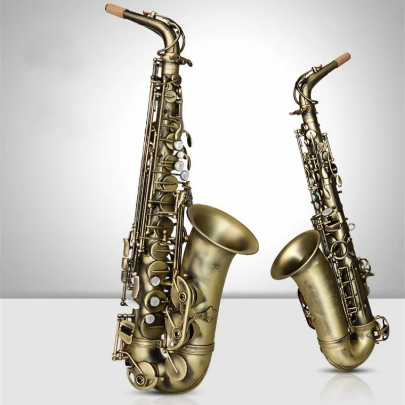 Saxophone Alto plat Antique Eb E de haute qualité, coquille d'ormeau, motif sculpté de clé avec étui, gants, chiffon de nettoyage, sangles, brosse