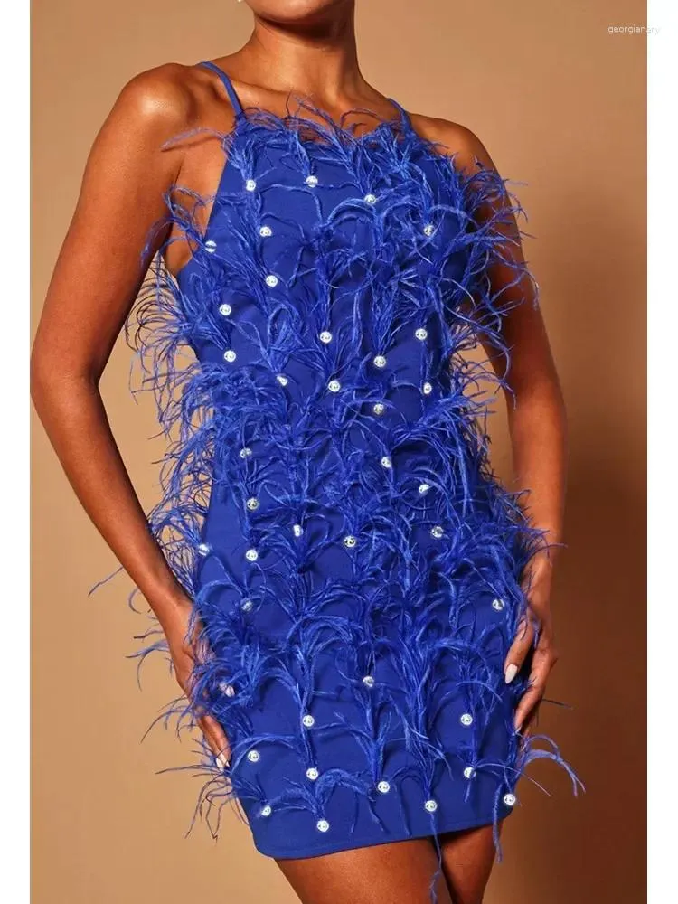 Casual Dresses 2024 Bandage Dress For Women Elegant Blue Spaghetti Strap Slash Neck Diamonds Furry Bodycon Mini Evening Party