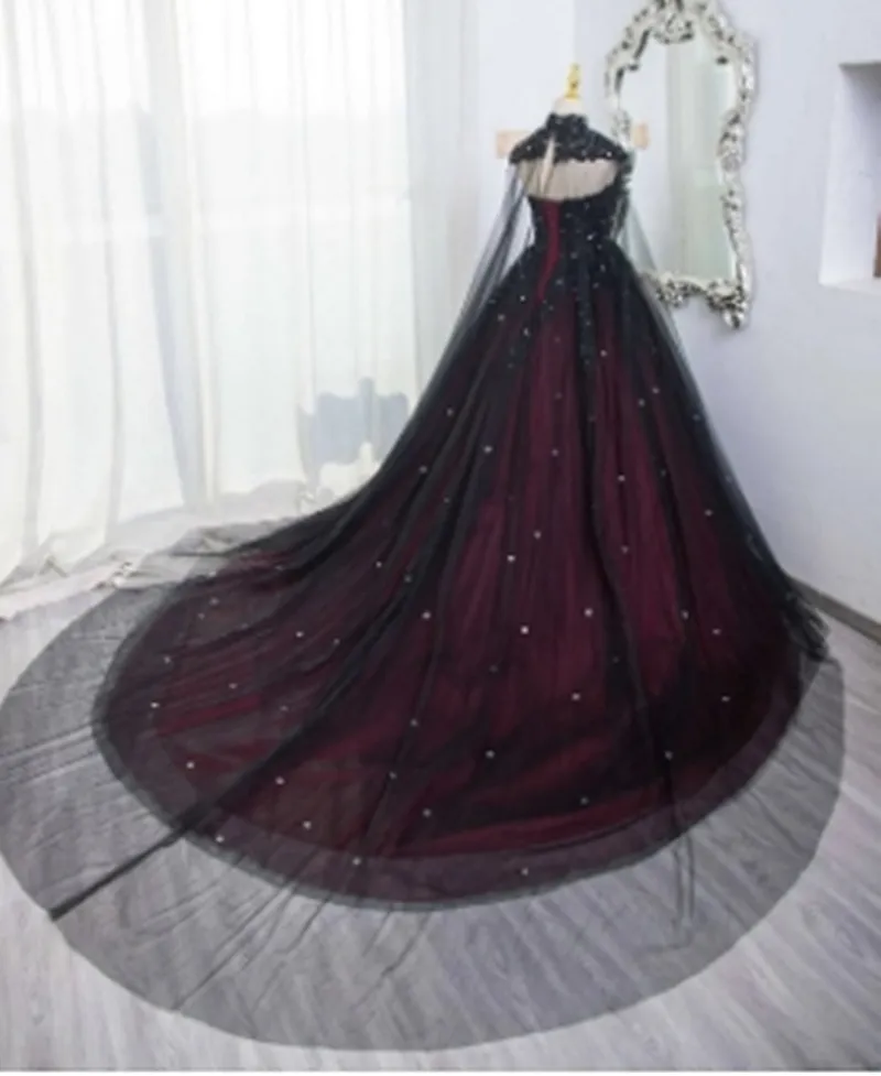 Gothic Black Burgundy Wedding Dresses Strapless Lace Applique Shawl Bridal  Gowns | eBay