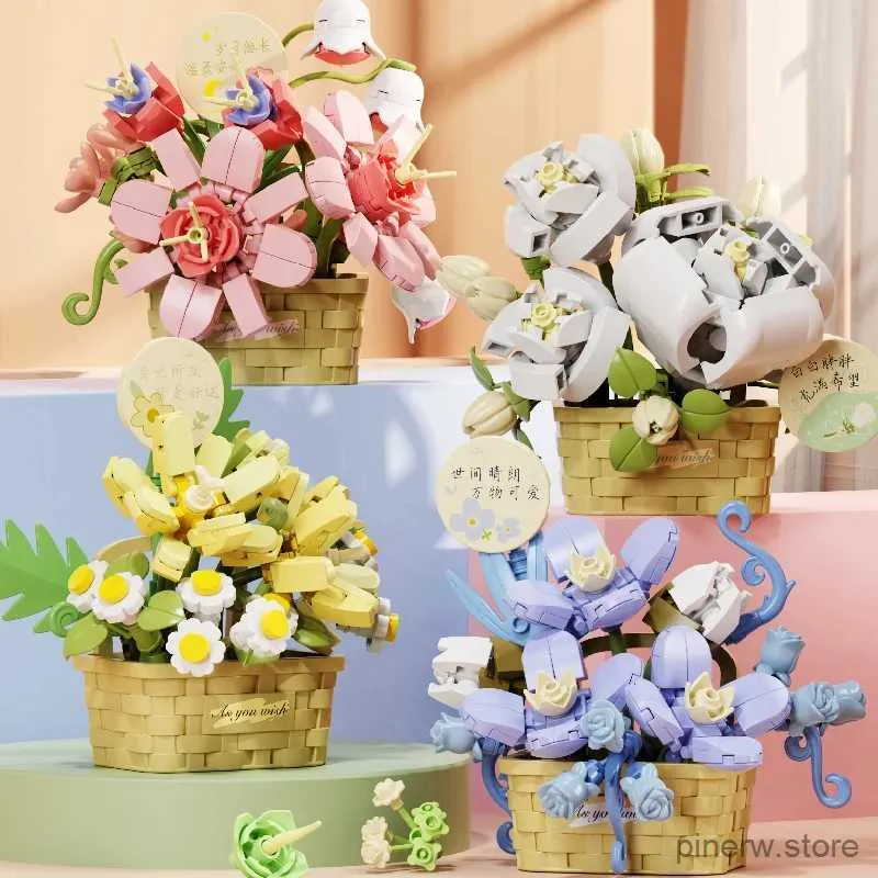 Blocchi Cesto di fiori in vaso Building Blocks Creativo Bonsai Pianta Bouquet Modello Assemblare Mattoni Decorazione Regali di Natale per bambini