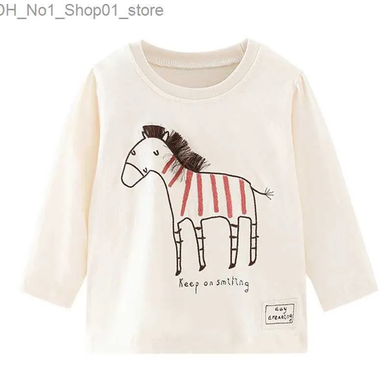 Camisetas 2023 Baby Girls Camiseta de manga larga de algodón con caballito Niños encantadores Tops de primavera y otoño para niños de 2 a 7 años Q240218