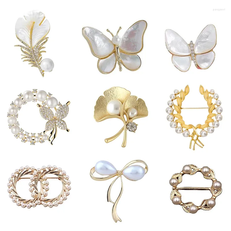 Broszki mody eleganckie perły broszka z pióra motyla Kobiety Bowknot Ginkgo pozostawia szpilki luksusowe imprezy ślubne Prezenty odzieżowe