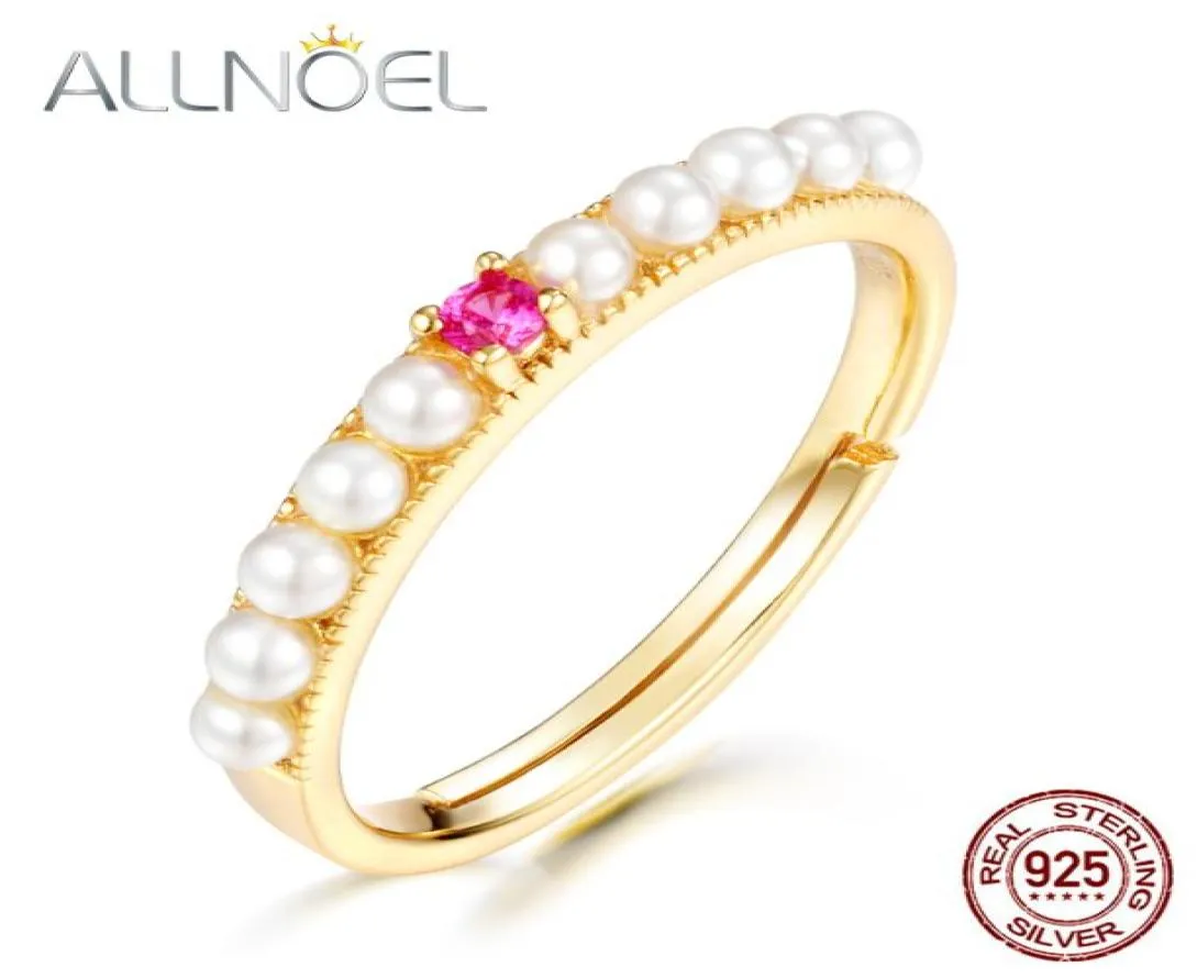 Allnoel 925 Sterling Silver Pearl Rings Red Corundum Gemstone 9K Gold Plated Vintage Fine Jewelry for Women1404982