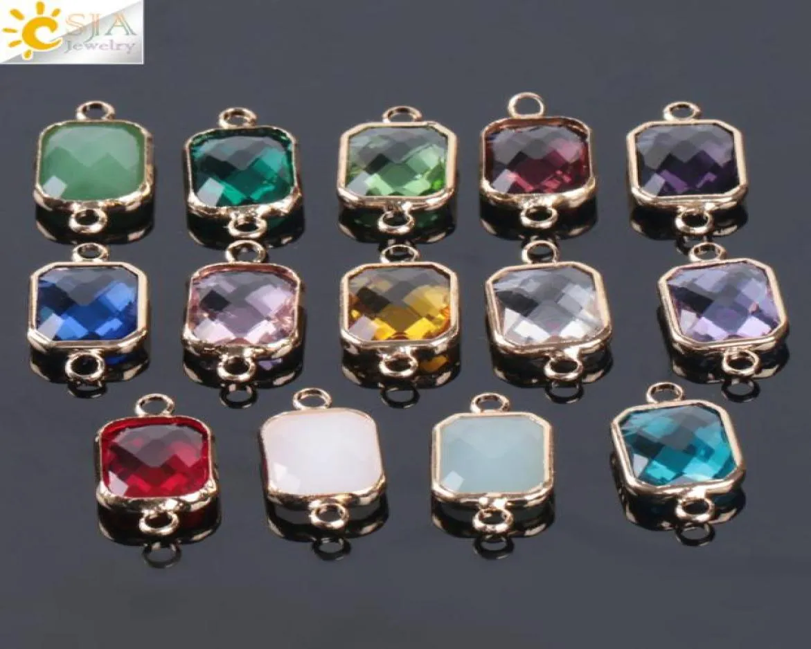 CSJA Billiga 10st Bohemian Square Crystal Glass Beads Gold Double Rings Pendant For Necklace Charm Armelets Connector Jewellery FI5180566