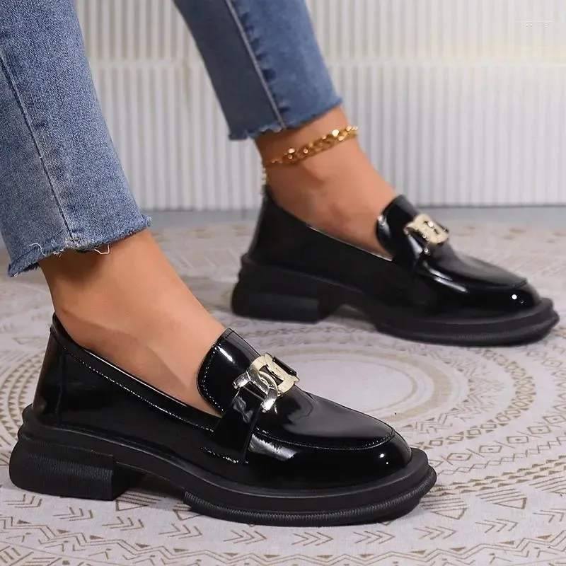 Dress Shoes Ladies On Sale Loafers Women's High Heels Platform Office Pump Women Metal Decoration Round Toe Square Heel