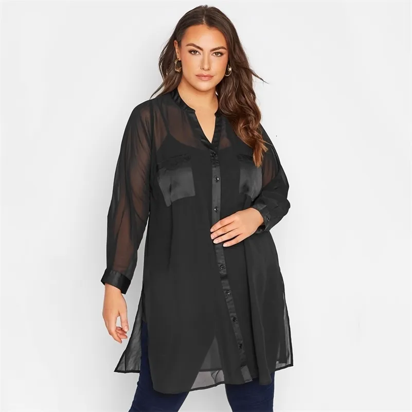 Plus Size Long Sleeve Spring Autumn Elegant Longline Shirt Women Button Up V-neck Black Blouse Large Size Business Shirt 6XL 7XL 240202