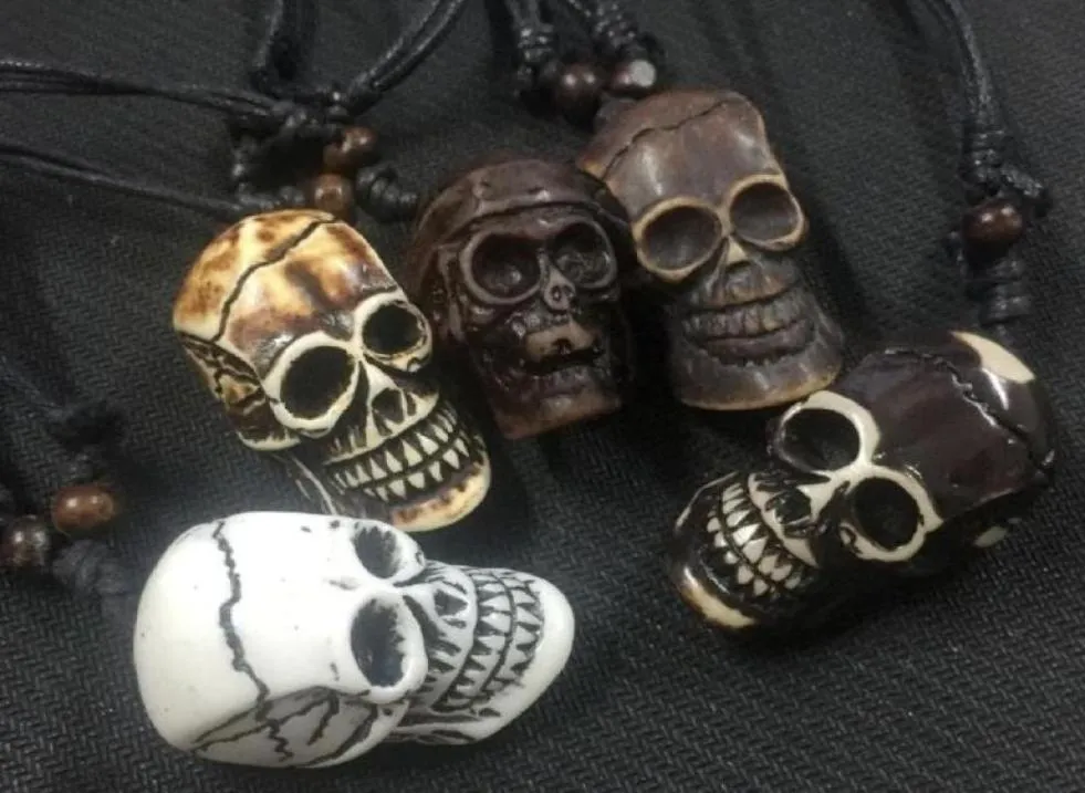 12 Stück YQTDMY Ganzer Modeschmuck, geschnitzter Totenkopf-Anhänger, Halskette, Schmuck, Holzperlen, Seil, verstellbar45912094971384