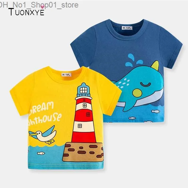 T-shirts TUONXYE été garçons T-shirts hauts vêtements dessin animé baleine phare enfants col rond manches courtes tricot coton 2 3 7 ans Q240218