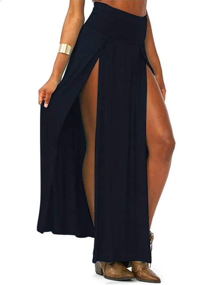 Summer Solid Long Maxi kjol Ankomst Elastisk hög midja Sexig kvinnor Double Side Split Flare Beach 240201