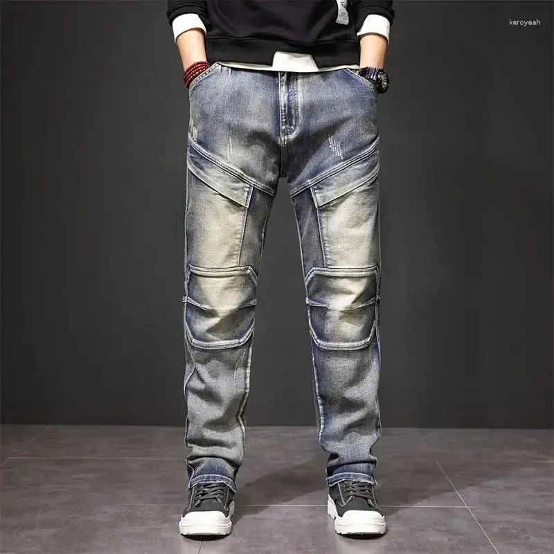 Jeans masculinos homem calças de cowboy calças de carga da motocicleta em linha reta y2k streetwear roupas 2000s solto moda coreana de alta qualidade