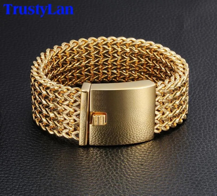 Trustylan 30mm de largura 22cm de comprimento pulseira masculina039s nunca desbota cor dourada pulseira de aço inoxidável grosso pulseiras masculinas joias armba1811432693