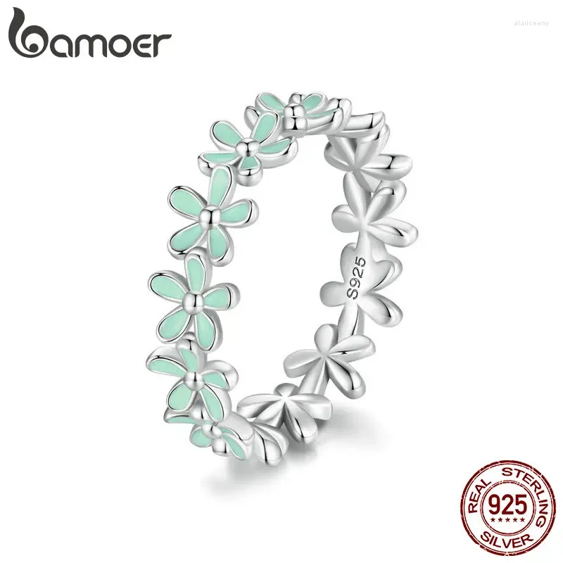 Cluster Rings Bamoer 925 Sterling Silver Green Wreath Finger Ring Enamel Flower For Women Valentine's Day Gift Romantic Fine Jewelry