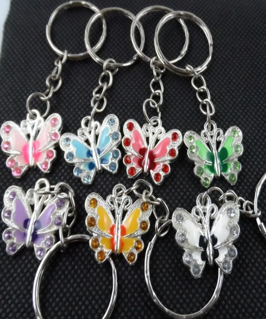 50pcs Vintage Silvers Crystal Butterfly Pierścień kluczy do kluczy do samochodu DIY Bag łańcucha torebki prezentowe Akcesoria N6353355515