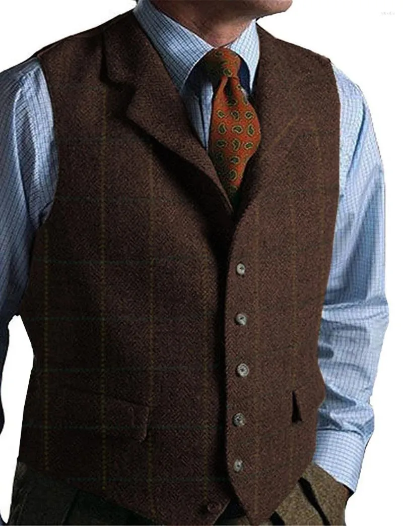 Gilets pour hommes Mens Tweed Costume Vest Robe formelle Check Gilet Herringbone Business Blazer avec 2 poches à rabat Slim Fit Costume Homme