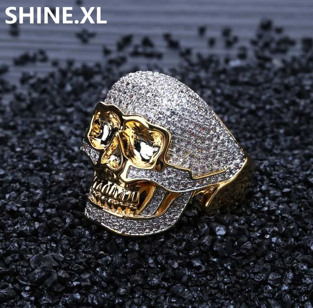 Hip Hop Ring Copper Gold Color Plated Iced Out Micro Paved CZ Stone Skull Ring for Men Women2163086