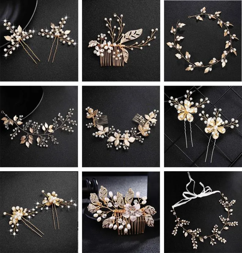 Qyy mode pärlor guld bröllop hår tillbehör blommor brud hår smycken hår stift pärlklipp för kvinnor headpieces6817551