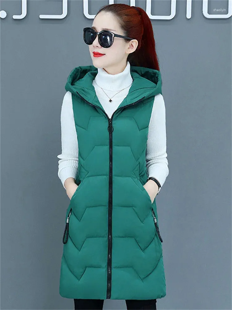 Gilets Femmes Gilet Femmes Vert Long Slim Petites Filles Gilet Sans Manches 2024 Automne Hiver Étudiants Coréens Bleu À Capuchon En Coton Manteaux