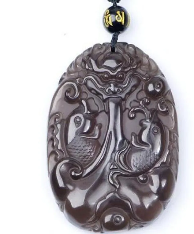 Real Clear Ice Natural Obsidian Carved Fish Dragon Lucky Charm Pendants Necklace Fashion Women039s Jewelry5737122