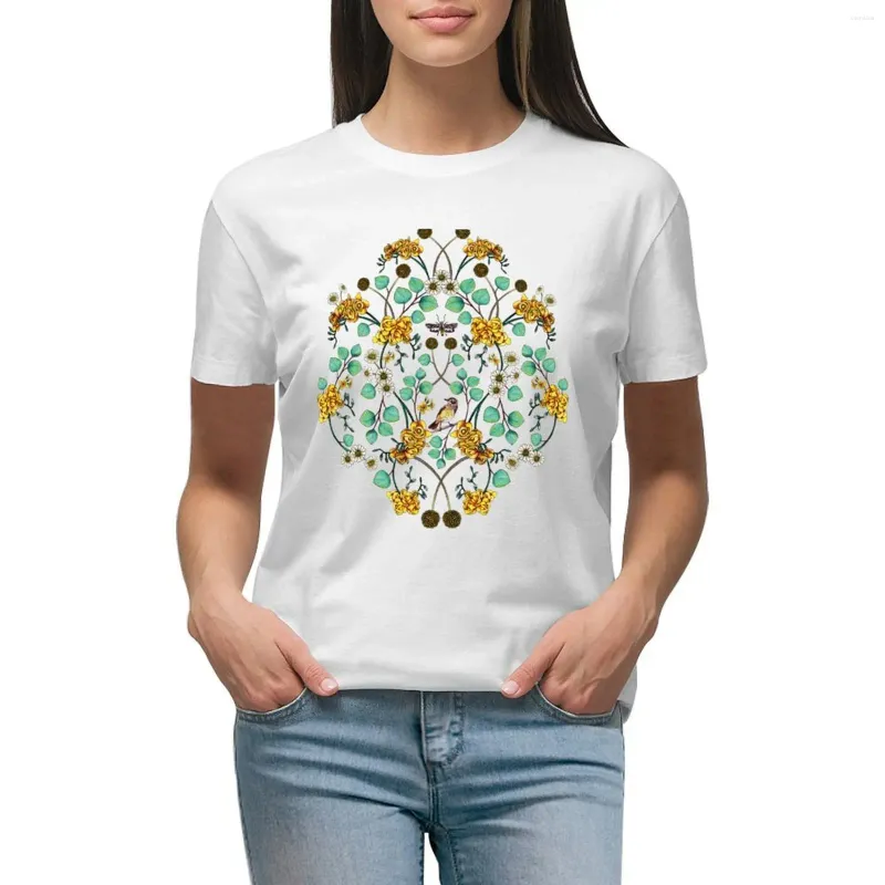 Women's Polos Warblers Moths - Gul kricka Spring Floral/Bird Mönster T -shirt Kvinnliga kläder överdimensionerade träningskjortor för kvinnor