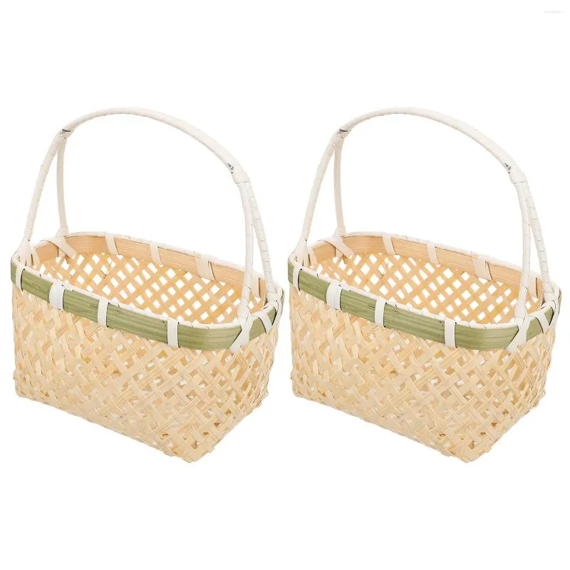 Set di stoviglie 2 pezzi Cesto di frutta portatile Cestino portaoggetti rustico portatile per bambini Frutta intrecciata in bambù Raccolta decorazioni country Piccolo squisito