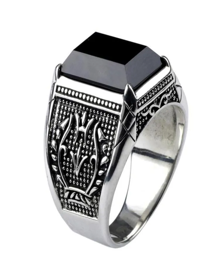 Vintage Ring Mannen Echt Puur 925 Sterling Zilveren Sieraden Zwart Obsidiaan Natuursteen Ringen Voor Heren Punk Rock Mode Y18907053261959