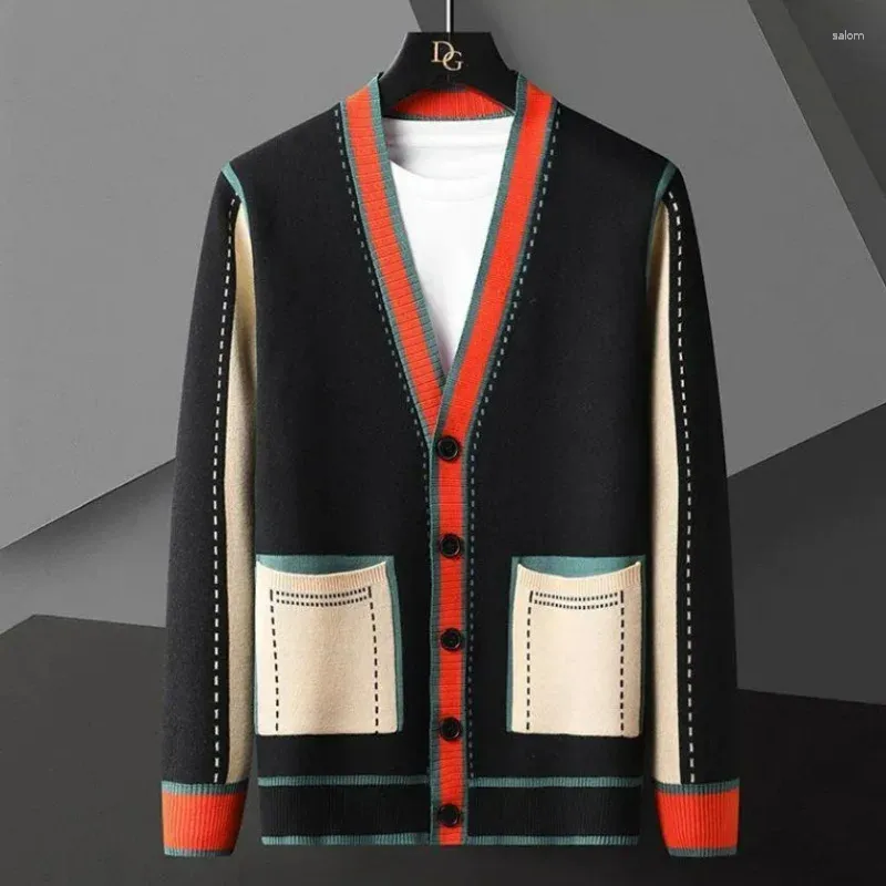 Erkekler Sweaters Erkek Bahar Sonbahar Düğmeleri Cepleri Patchwork Cardigan V-Beeck Uzun Kollu Örgü Vintage Moda Giysileri