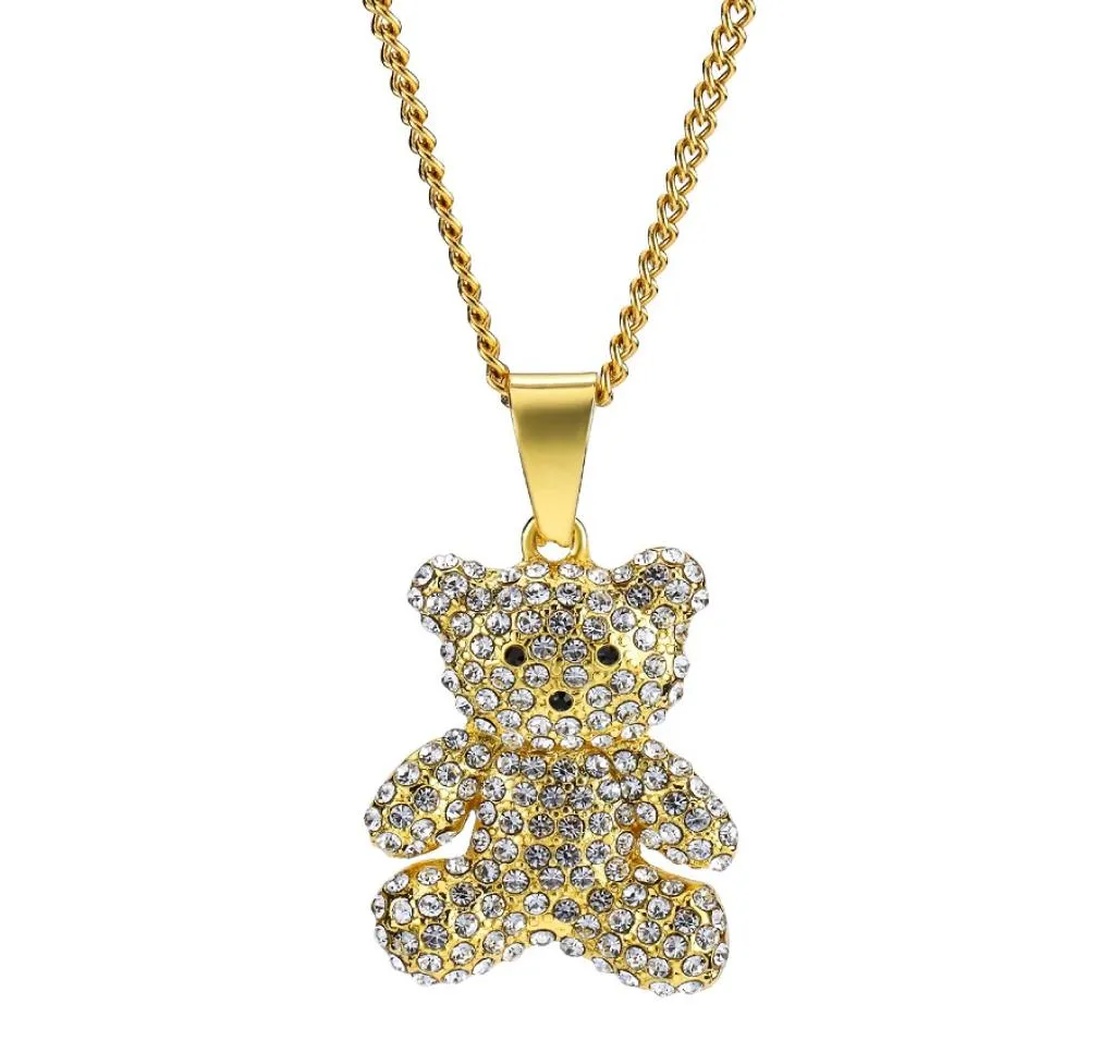 Masculino feminino charme ouro prata urso pingente colar strass gelado moda hip hop jóias de aço inoxidável longa corrente punk desi3363252