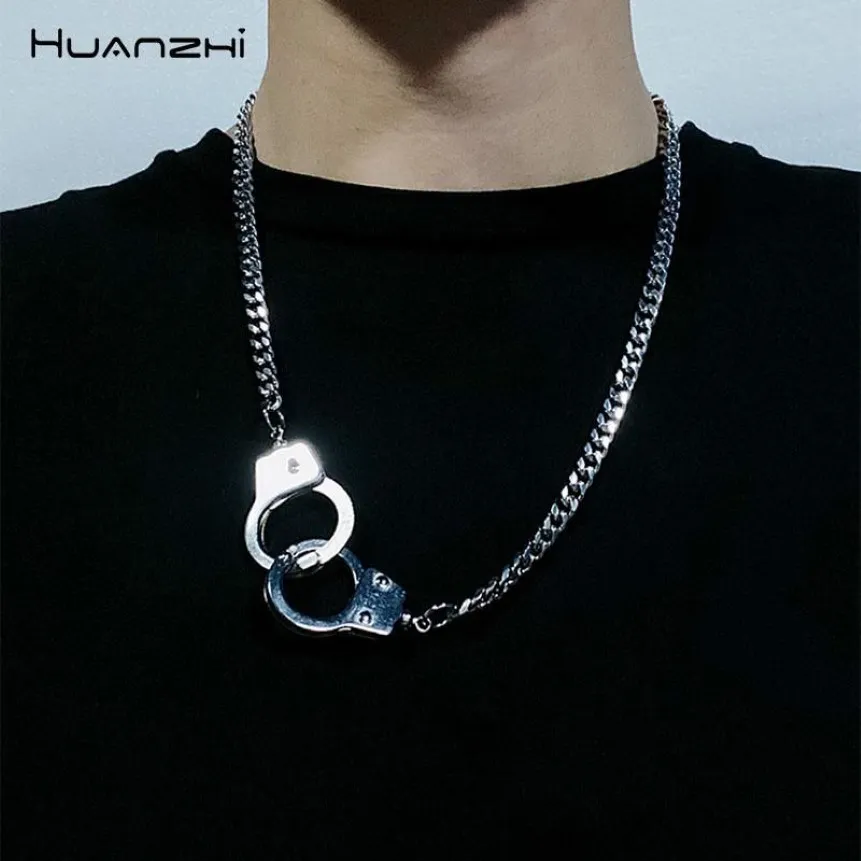 HUANZHI Vintage Punk Handboeien Hanger Chain Link Klassieke Hip Hop Zilver Kleur Eenvoudige Stijl Paar Ketting Voor Mannen Jewelry263j