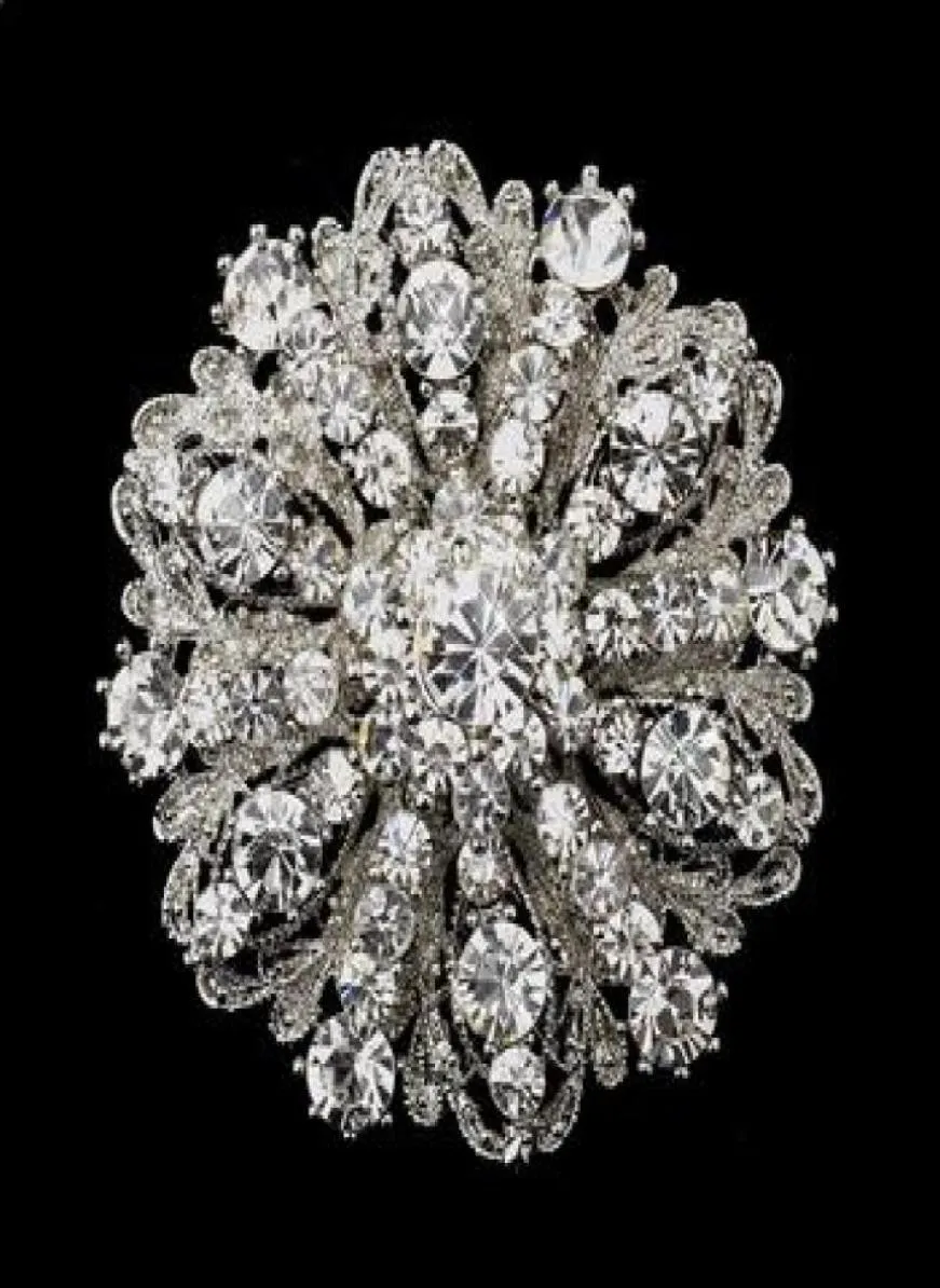 Tom de ródio vintage de 2 polegadas Tom de prata de tamanho grande Flor Strass Diamante Broche de cristal para Women1579244