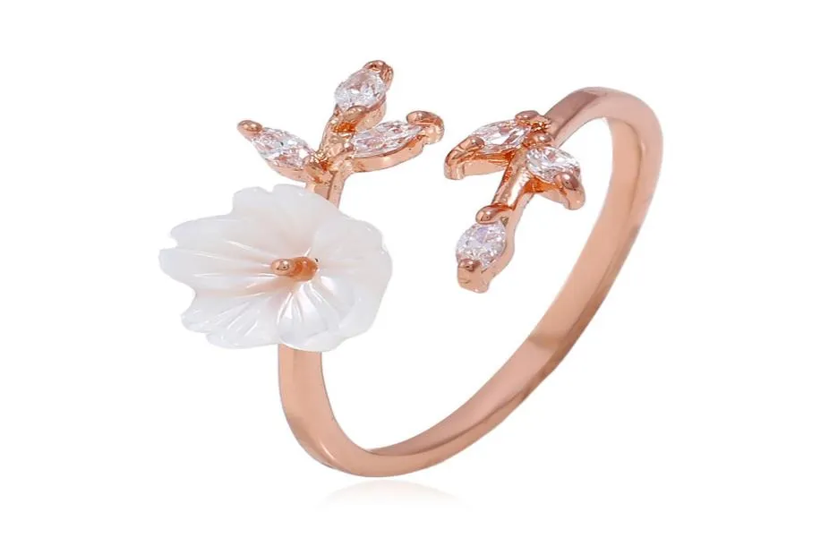 Yichen Rose Vergulde Esthetische Temperament Zirkoon Boombladeren Shell Bloem Ring PR859611929