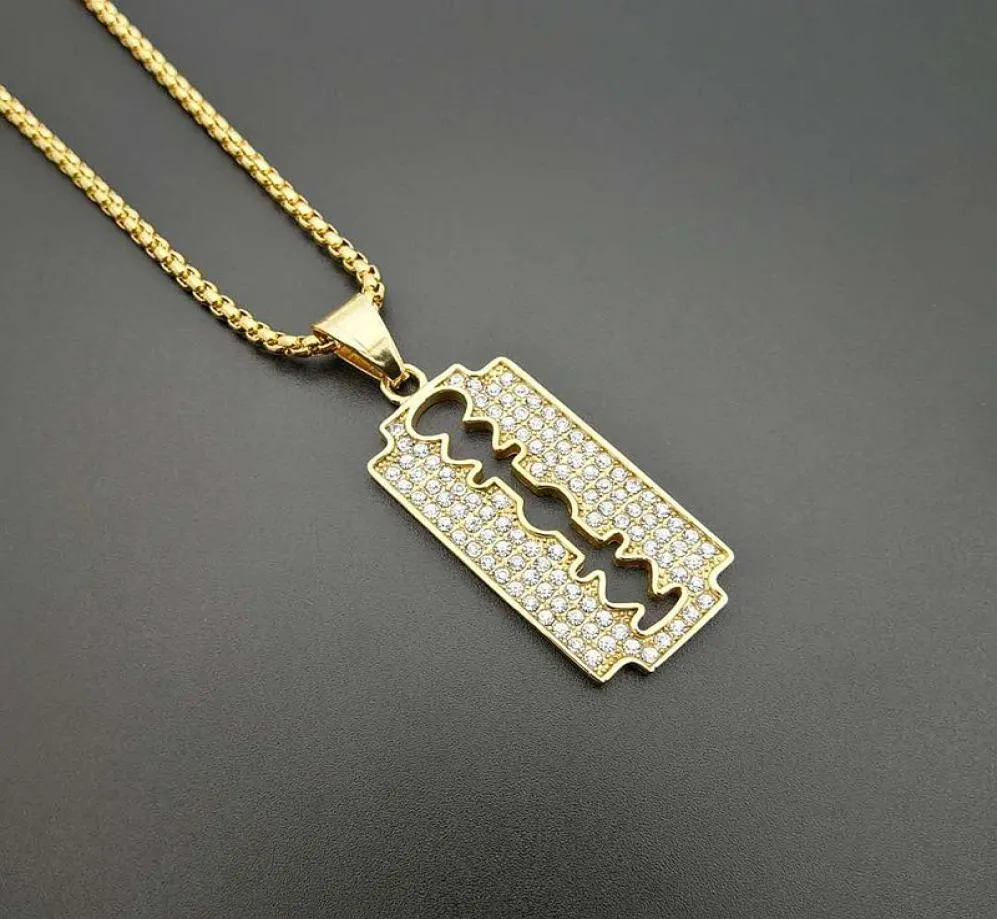Hip Hop Blade Pendant Necklace For Men Gold Color Stainless Steel Razor Necklaces Male Iced Out Bling Fashion Jewelry9106970