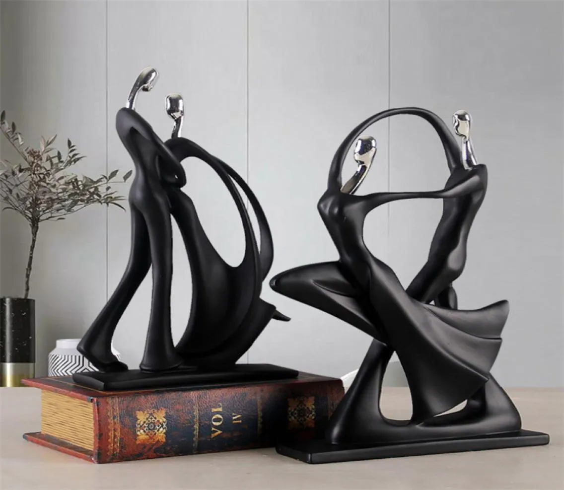 Criativo simples moderno abstrato preto estátua humana acessórios de decoração para casa presente geometria resina dança casal escultura 1059969