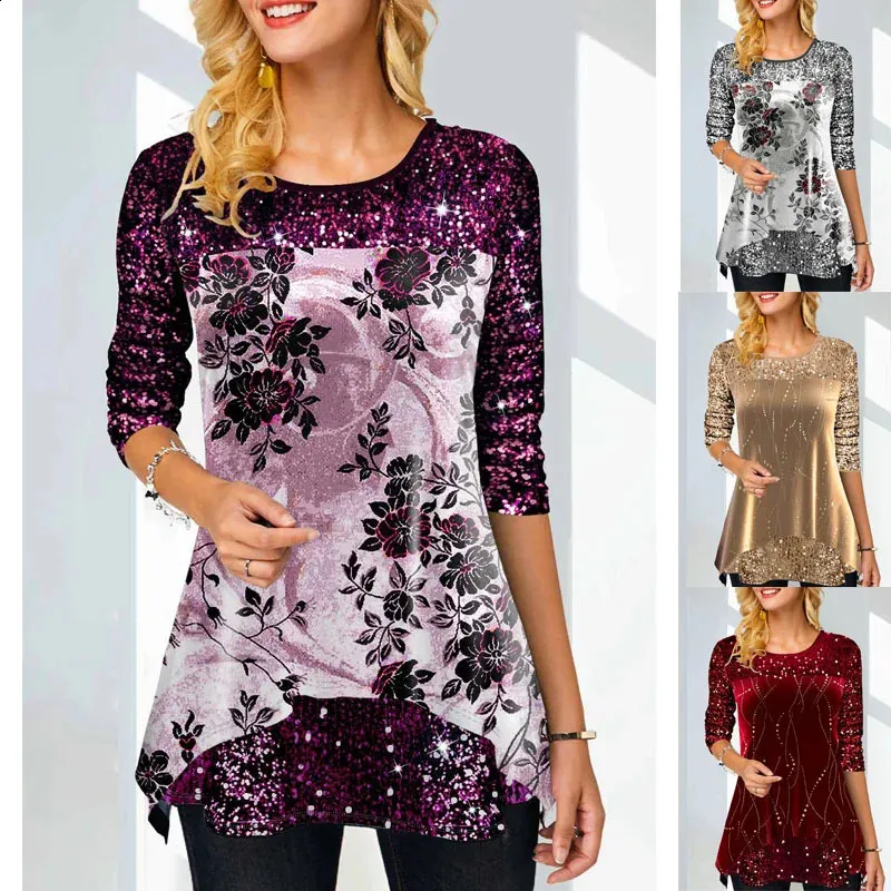Fashion Autumnwinter tryckt rund hals tshirt 2023 plus storlek kvinnors eleganta och långärmade panel topp S5XL 240129
