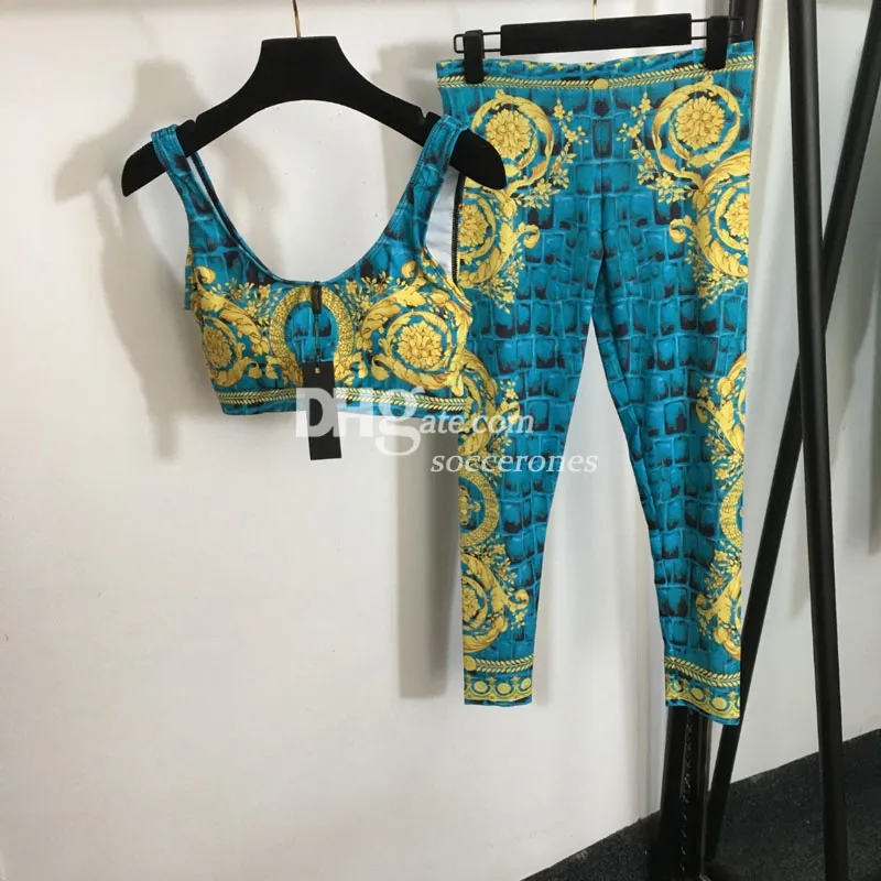 Luxuriöses bedrucktes Yoga-Set, geteilt, Designer-Trainingsanzüge, abgeschnittene Damen-Yoga-Outfits, sexy Sport, gepolsterte Gym-Tanktops, Sportbekleidung