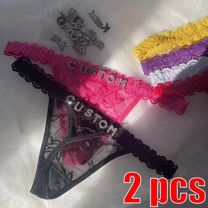 Women's Panties Thong With Name Custom 2Pc/set Rhinestone Letters Waist Chain For Women Sexy Girl Lace String Bikini Customize Briefs