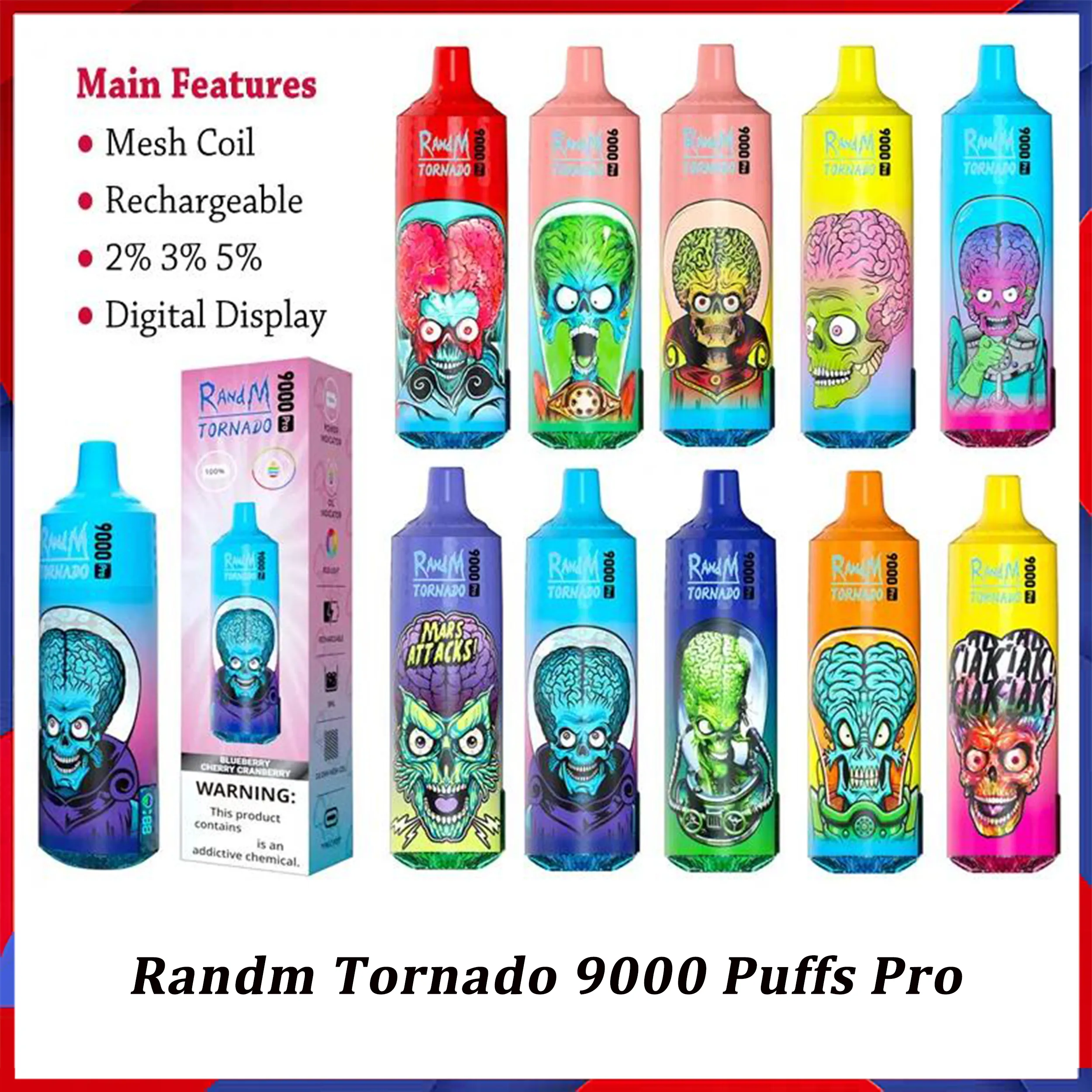 Originele RandM Tornado 9000 Pro met digitaal display Bladerdeeg 9K Wegwerp Vape Mesh Coil Oplaadbare E-sigaretten 0% 2% 3% 5% Vaper Fumot Vapes Pen 52 smaken op voorraad