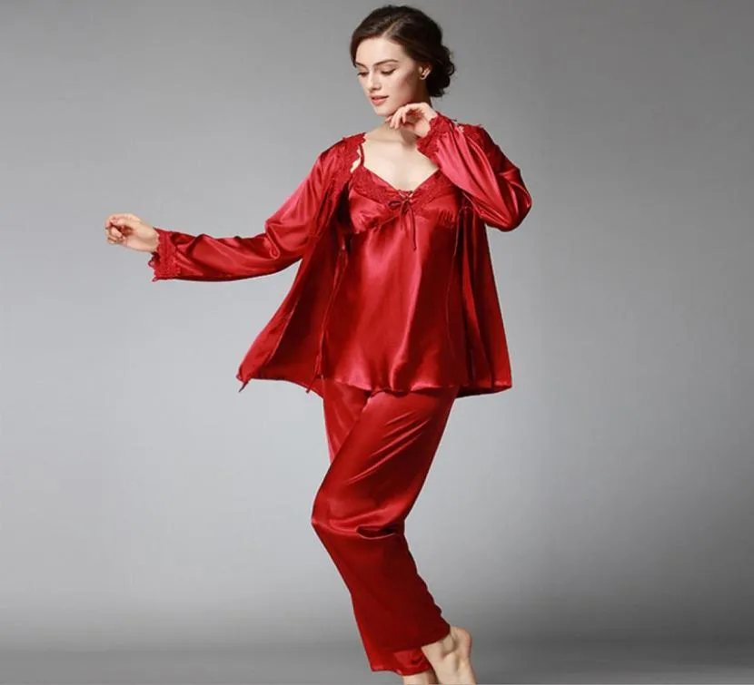 Verão feminino seda cetim pijamas rge tamanho têxtil homewear cor sólida estilingue sexy pijamas de três peças conjunto23016373475441