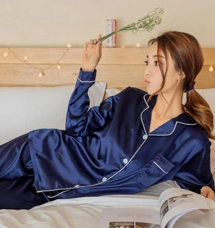 Kvinnors siden satin pyjamas pyjamas set långärmad sömnkläder pijama pyjamas kostym kvinnlig sömn två bit set loungewear plus storlek 208961497