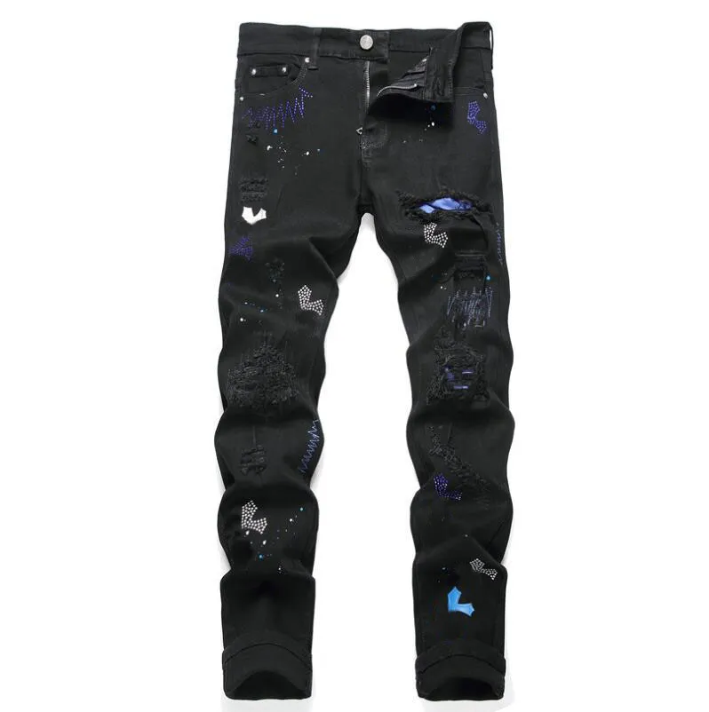 Herenjeans Strass Design Merk Heren Mannelijk Licht Zwart Y2k High Street Denim Verf Graffiti Patroon Beschadigde Gescheurde Skinny Broek