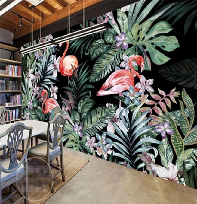 リビングルームキッチン装飾レストランの壁紙のための熱帯雨林とフラミンゴ壁画の壁紙7085697
