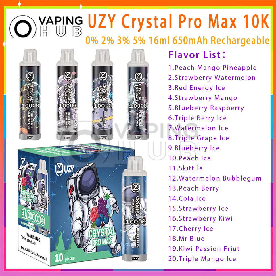 Original UZY Crystal Pro Max 10000 Puff jetables E cigarettes 16 ml Pod batterie rechargeable électronique Cigs Puffs 10K 0% 2% 3% 5% RBG Light Vape Pen Kit