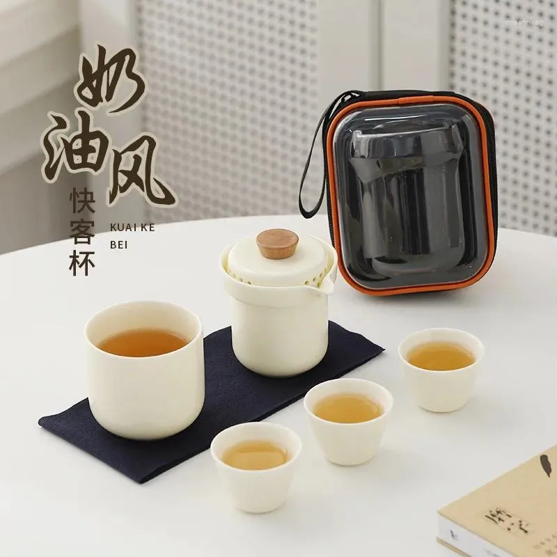 Teaware Sets Cream Wind Ceramic Quick Cup One Pot Fills Three Cups Travel Camping Tea Set Portable Brewing Chinese