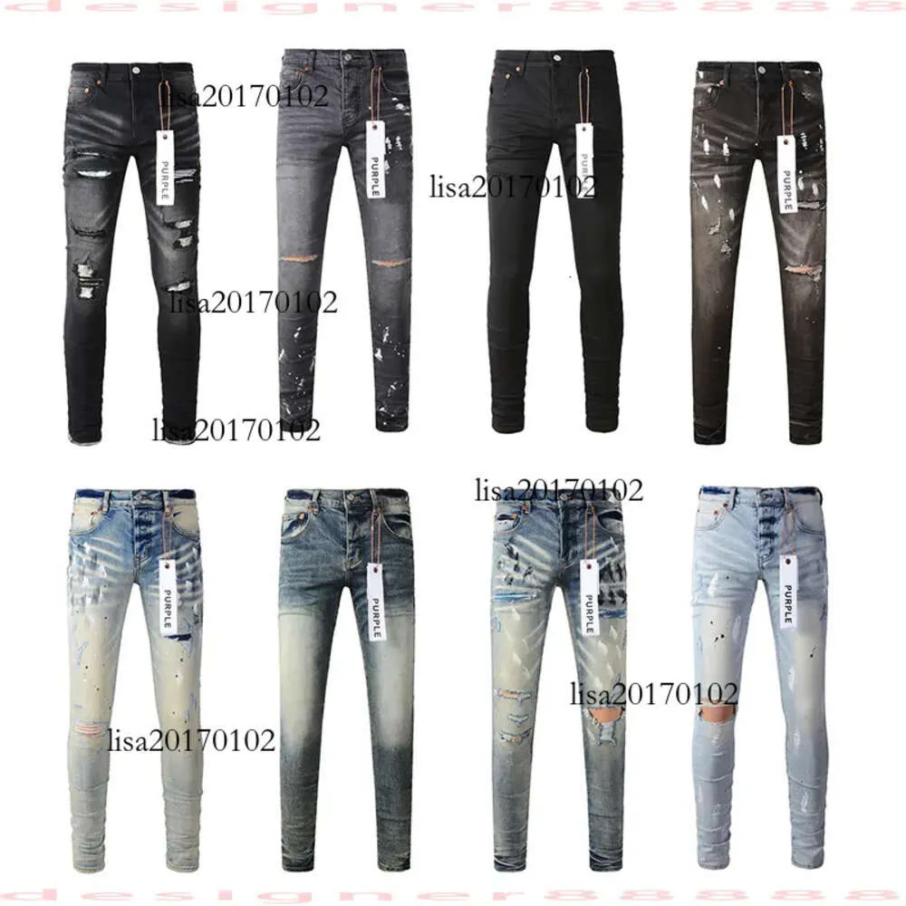 Designer voor heren paarse merkjeans skinny motorfiets trendy gescheurd patchwork gat het hele jaar door slanke benen