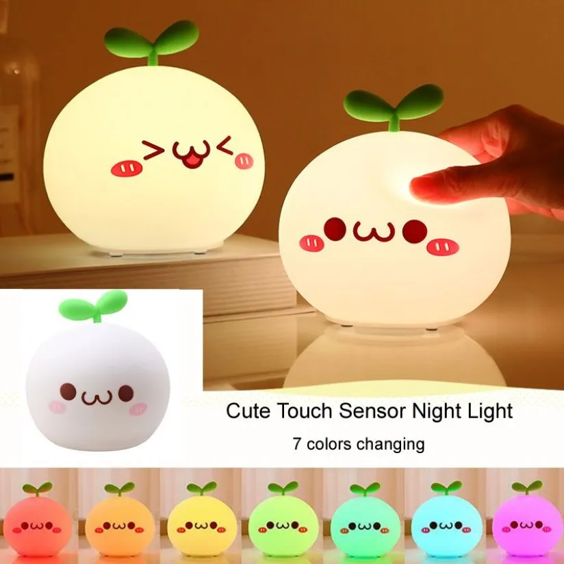 Luz de noche LED recargable Lámpara de noche de dibujos animados lindo 7 colores que cambian Sensor táctil de silicona suave Luces de novedad Regalo para niños Lindo Nig277T