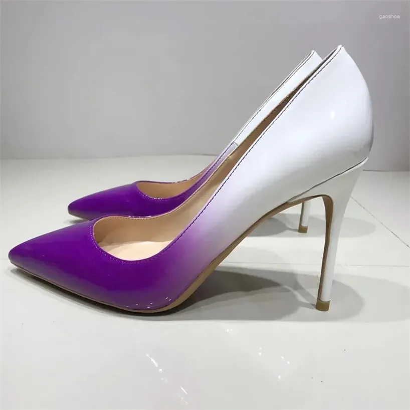 Sapatos de vestido concisos com gradiente branco roxo 12cm grandes saltos pontiagudos agulha alta