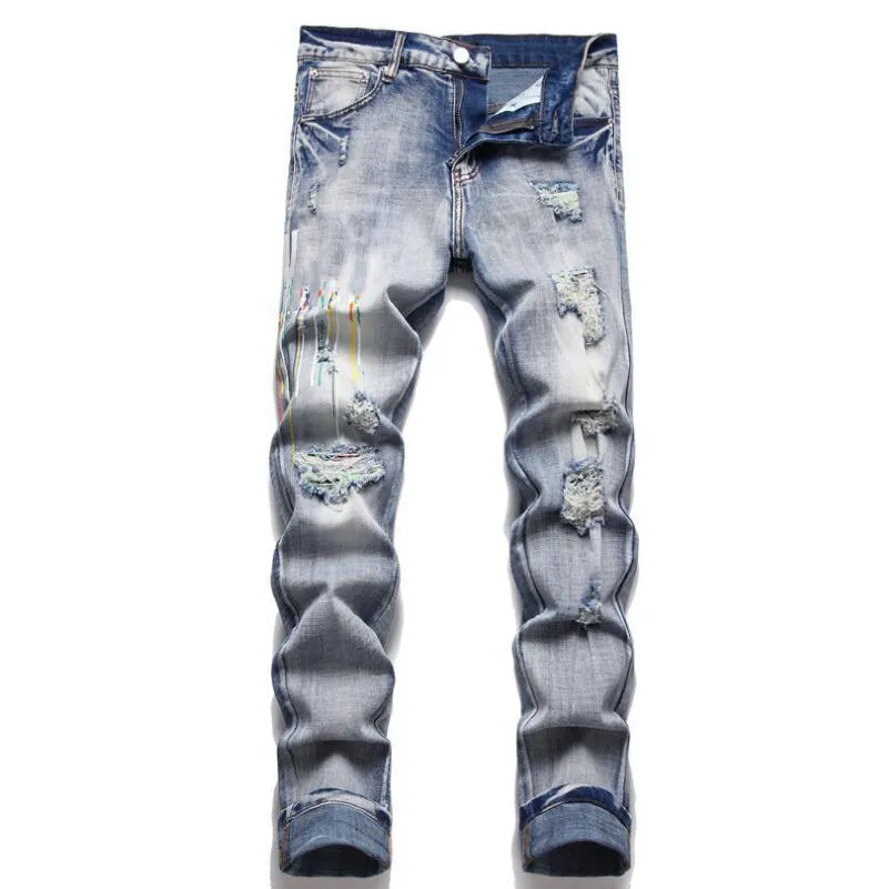 Jean brodé de lettres pour hommes, rétro, déchiré, en détresse, droit, Hip Hop, pantalon en Denim, décontracté