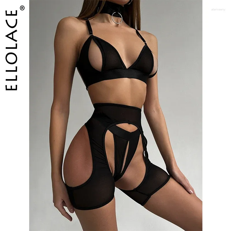 Soutien-gorge Ensembles Ellolace Sensual Lingerie Soutien-gorge ouvert Exotique 4 pièces Sissy Crotchless Tulle Sous-vêtements Érotique Pron Bilizna Fantasy Tenues