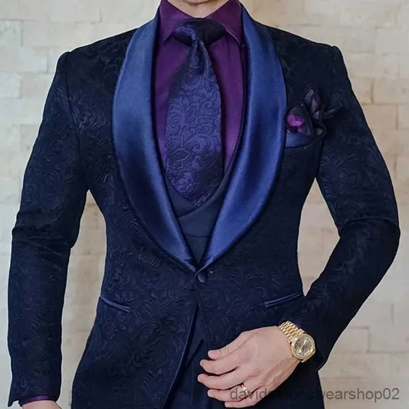 Abiti da uomo Blazer Blu scuro Abiti da uomo Jacquard floreale Slim Fit con scialle Risvolto Smoking per Groomsmen Costume di moda maschile 3 pezzi Matrimonio personalizzato