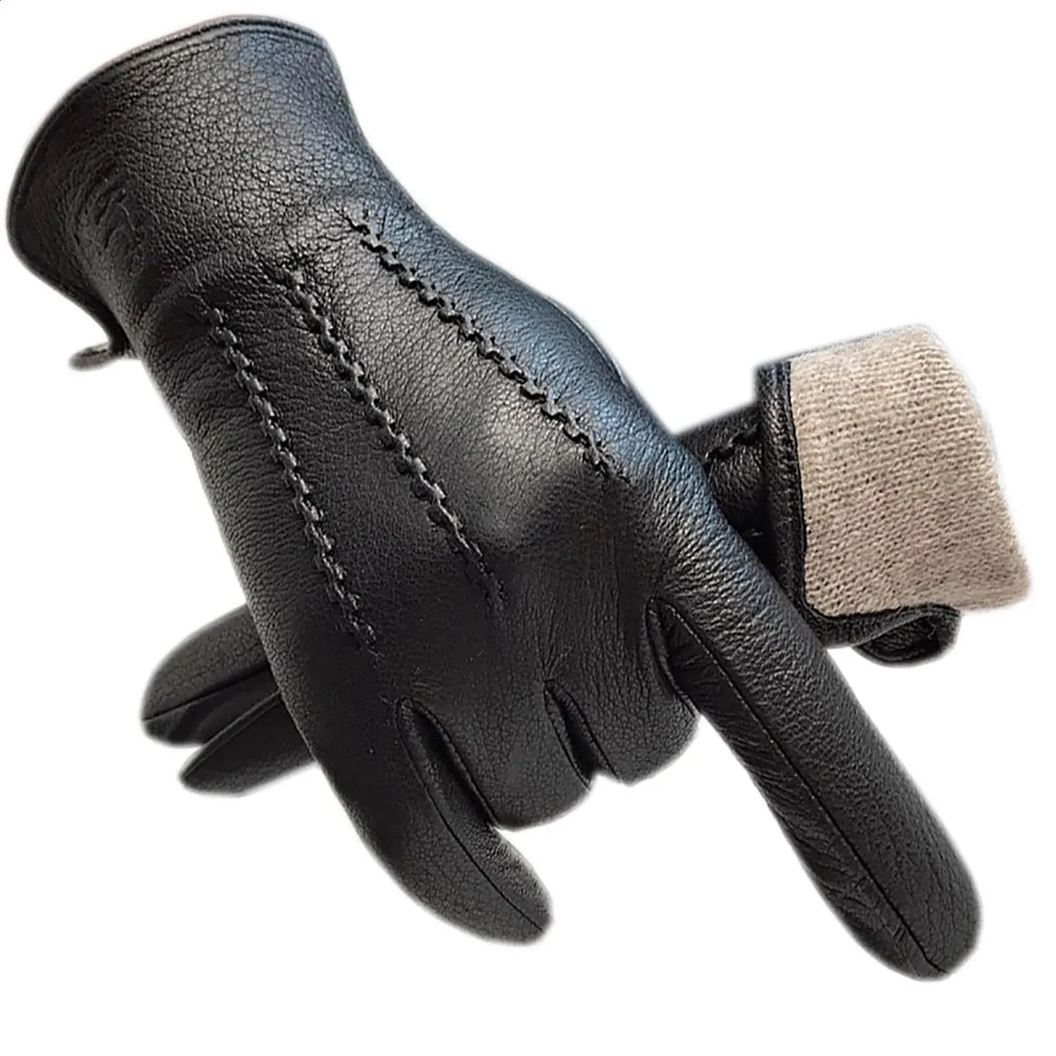 Winter Mens Deerskin Gloves Wrist Fashion Genuine Deerskin Gloves Wool Lining Machine Sewing Warm Driving Riding Col240125