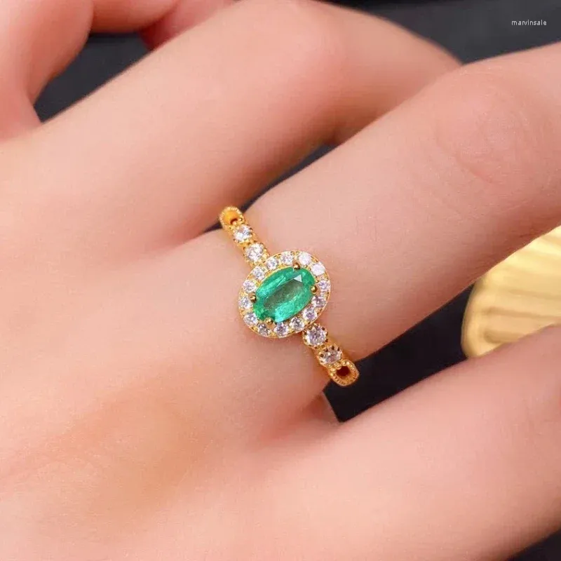 Anneaux de grappes Natural Colombia Emerald Engagement Anneau pour la femme 0,4ct 4 mm 6 mm 925 argent avec 3 couches 18K Gold plaqué